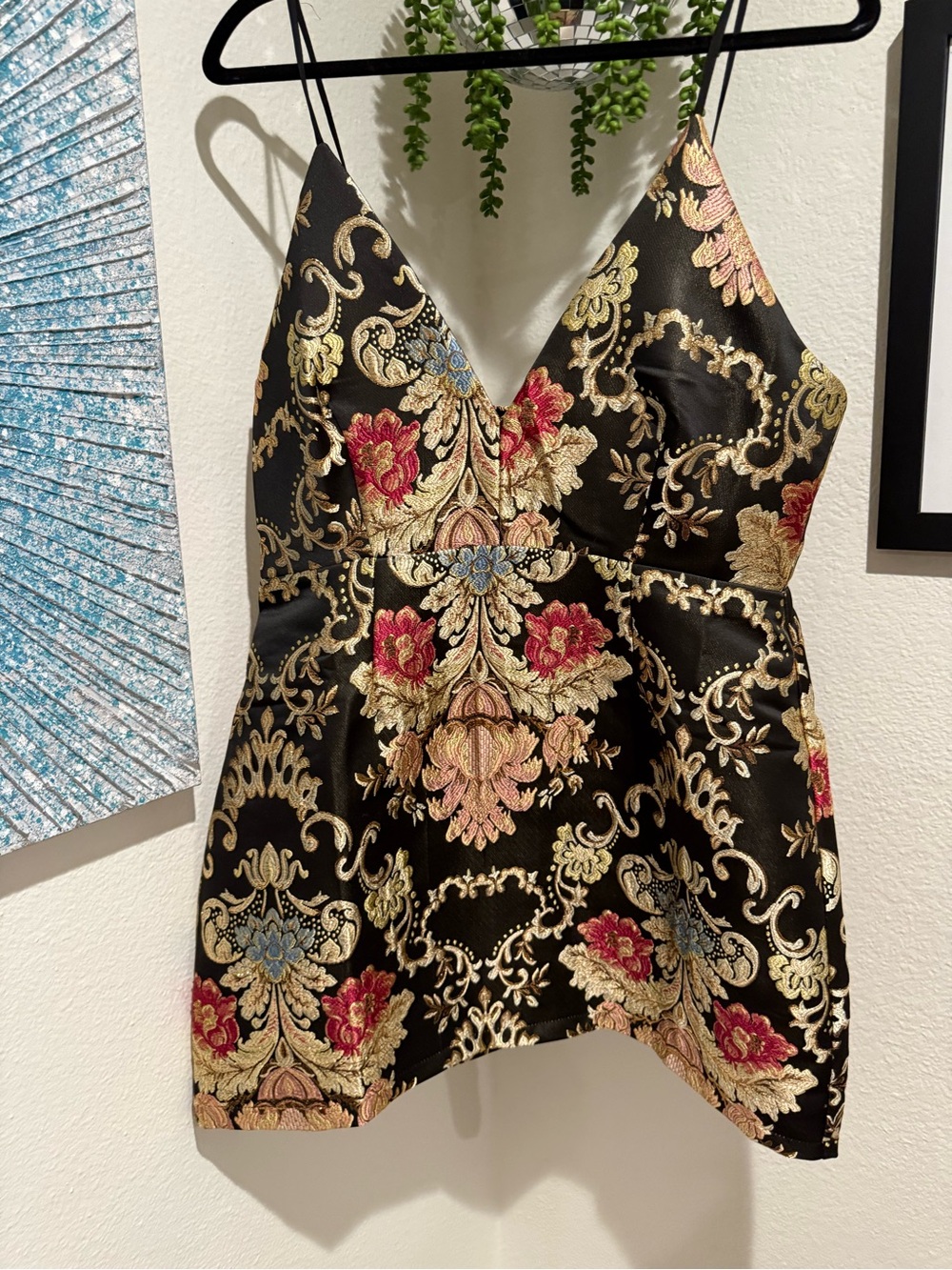 Fashion Nova NWT Black Gold Brocade Floral Mini Dress XL